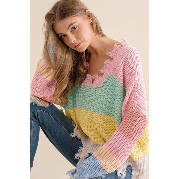 Miracle Destroyed Hem Color block V Neck Sweater sz Small Medium pink green blue - Picture 9 of 14